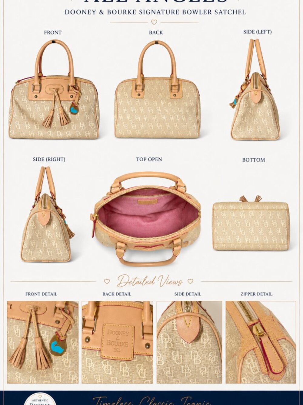 Dooney & Bourke Beige DB Monogram Canvas Bowler Satchel Leather Tassel Charm Bag - Picture 3 of 12